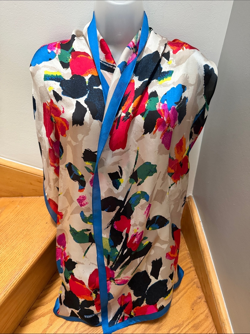Vince Camuto 100% Silk Floral Scarf Abstract Bright Watercolor Blue Border